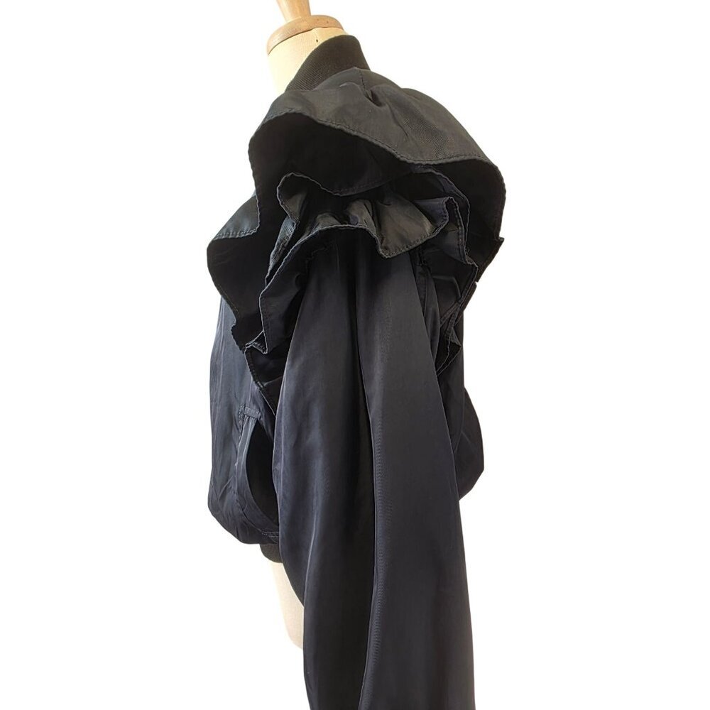 MABLE Ruffle Shoulder Bomber Jacket Womens Sz L Navy Silver Full Zip Cropped - Picture 7 of 13